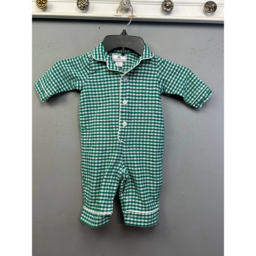 Petite Plume Pajamas Unisex 3/6M Green Gingham One Piece Button Snap Romper
